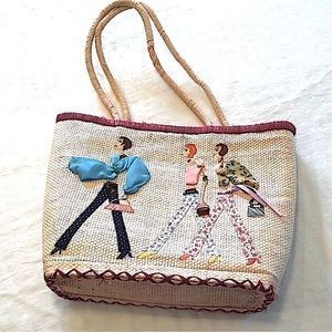 Vintage Fashionista Ladies Embellished Embroidered Appliqué Straw Bag